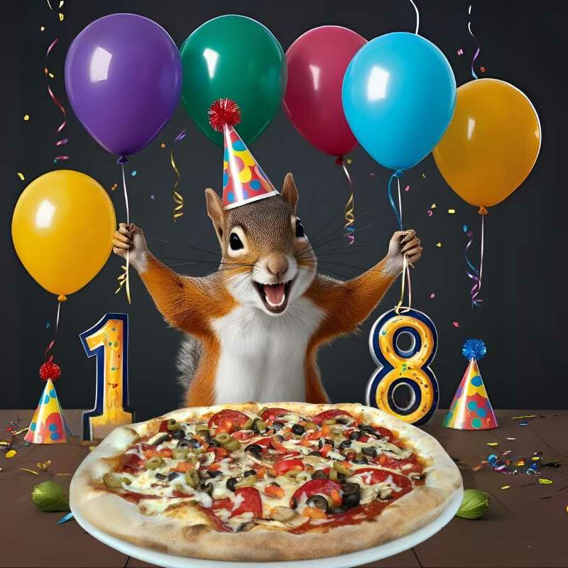 Veverka slaví 18 let – narozeninová sleva na pizzu 2025
